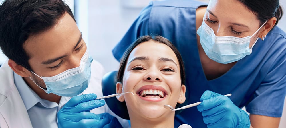 Medical consulting, dentistry and orthodontist with tools for patient for oral hygiene, wellness and cleaning